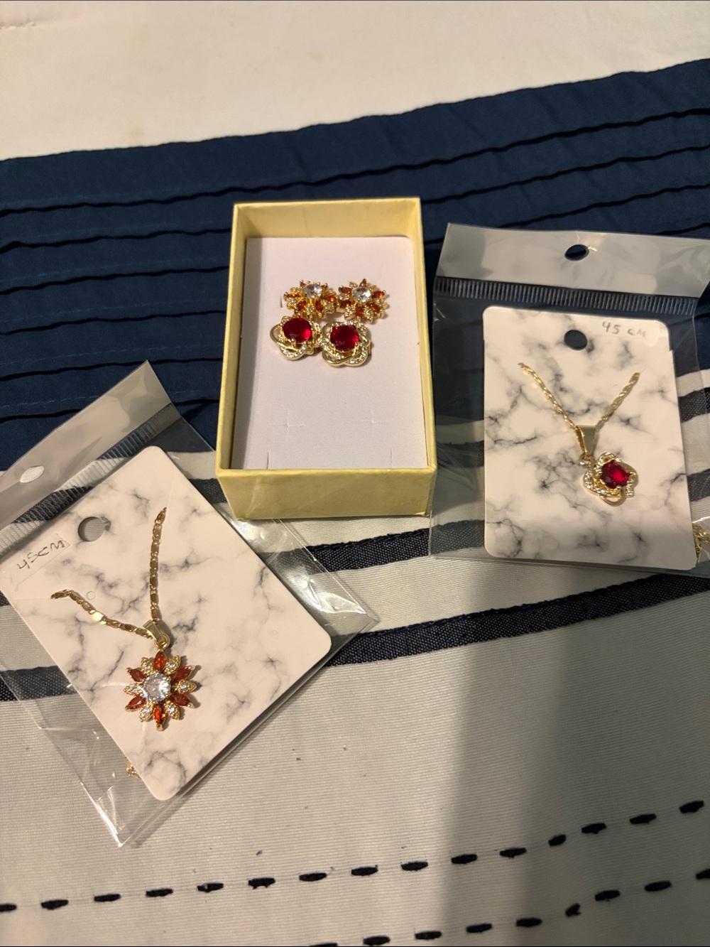 Gold-Tone Red Crystal Flower Pendant Necklace and Earring Set